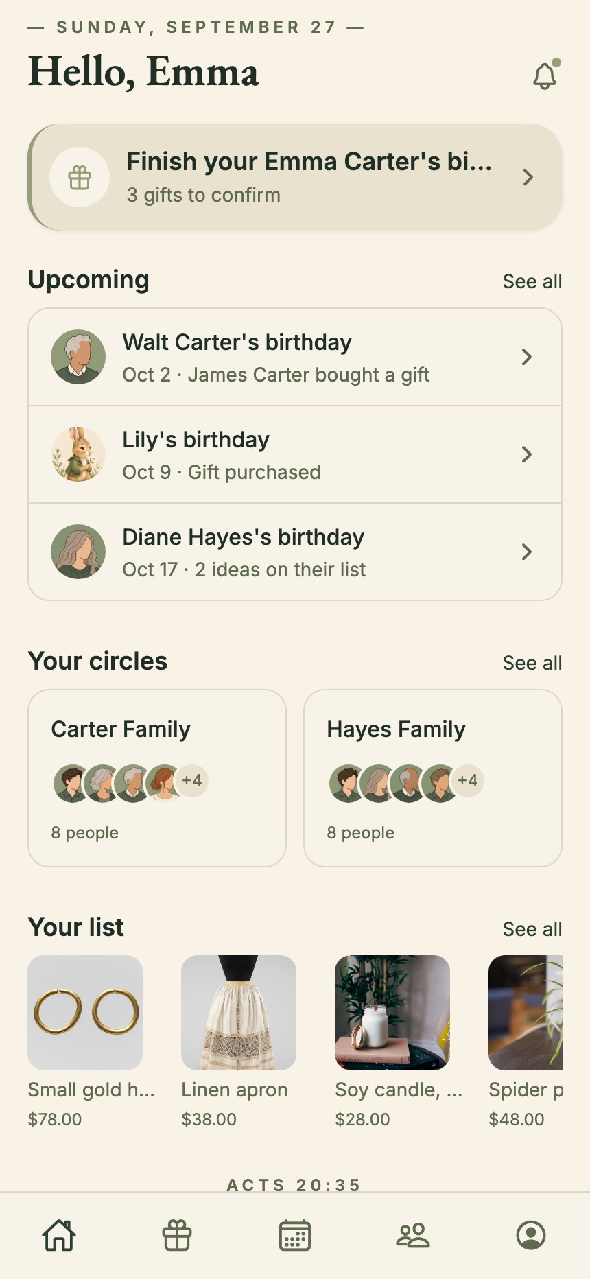 Dorea’s Home screen: upcoming birthdays, circles, and your list at a glance.