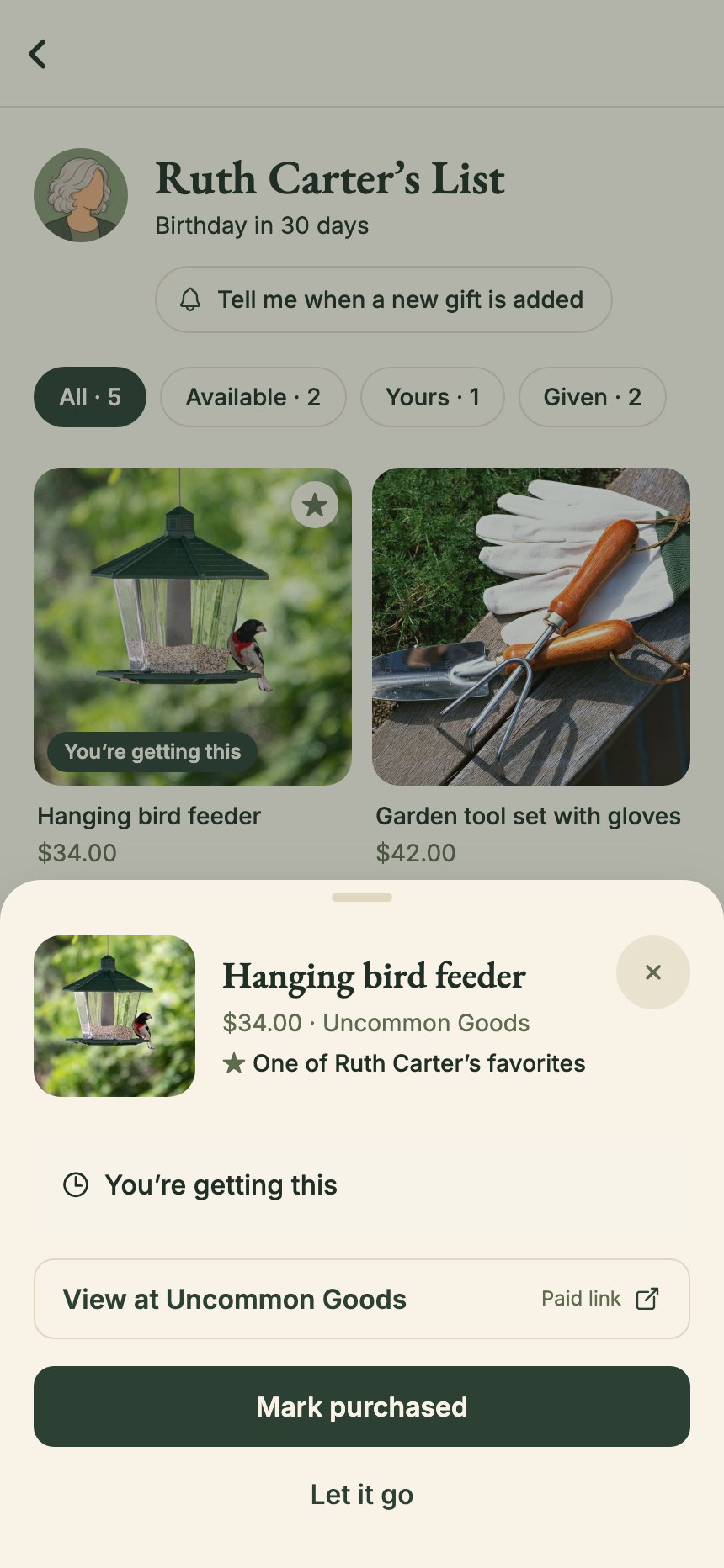 The bird feeder’s gift sheet: the store link marked Paid link, with Mark purchased and Let it go.