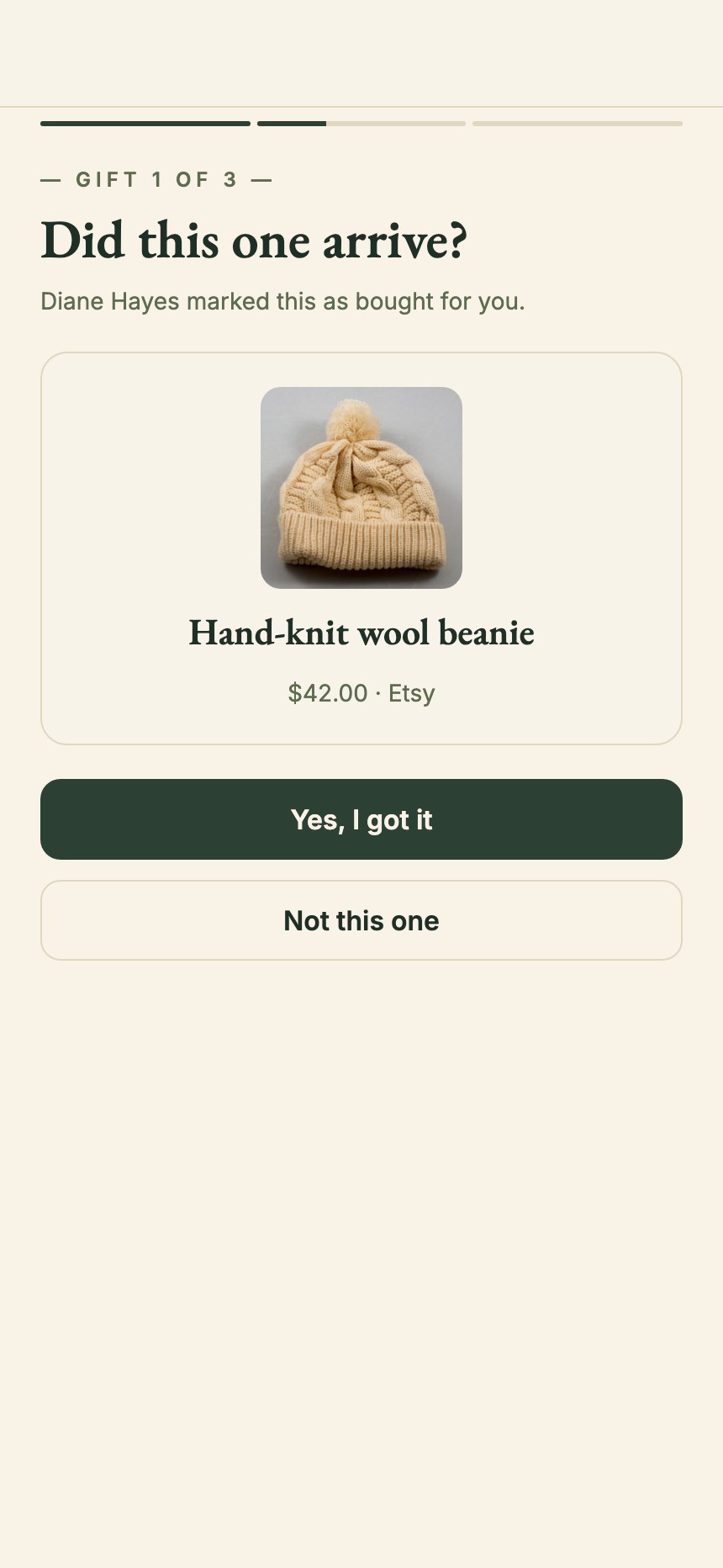 A birthday recap asking whether a hand-knit beanie arrived.
