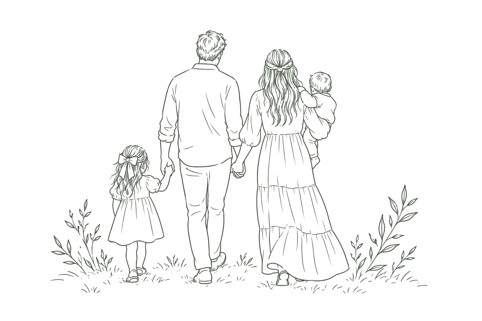 A line drawing of a young family walking away together through the grass: a father holding his daughter’s hand, and a mother carrying their baby.